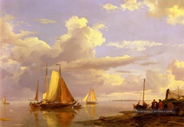 Bateaux de pêche au large de la côte au crépuscule Hermanus Snr Koekkoek paysage marin bateau Peinture à l'huile